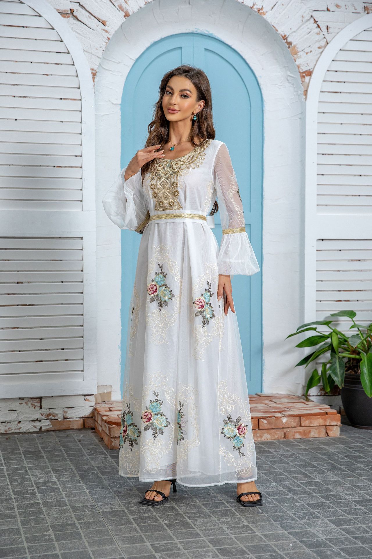 ZD020 Middle Eastern New Ethnic Style Women's Muslim Robe Dubai Evening Applique Embroidered Dress_ecoleips.com