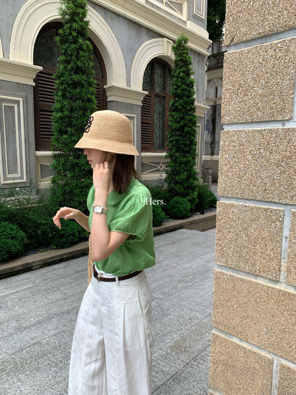 Áo sơ mi nữ tay phồng cổ bèo chất liệu ramie thoáng mát — màu trắng, xanh lá cây, màu mơ chi tiết 16
