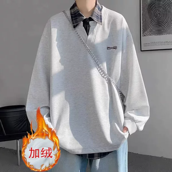 Plaid Patchwork Layered Sweatshirt with a Masculine Design, Faux Two-Piece Top, 2026 Autumn and Winter Youth Shirt-Collar Sweatshirt