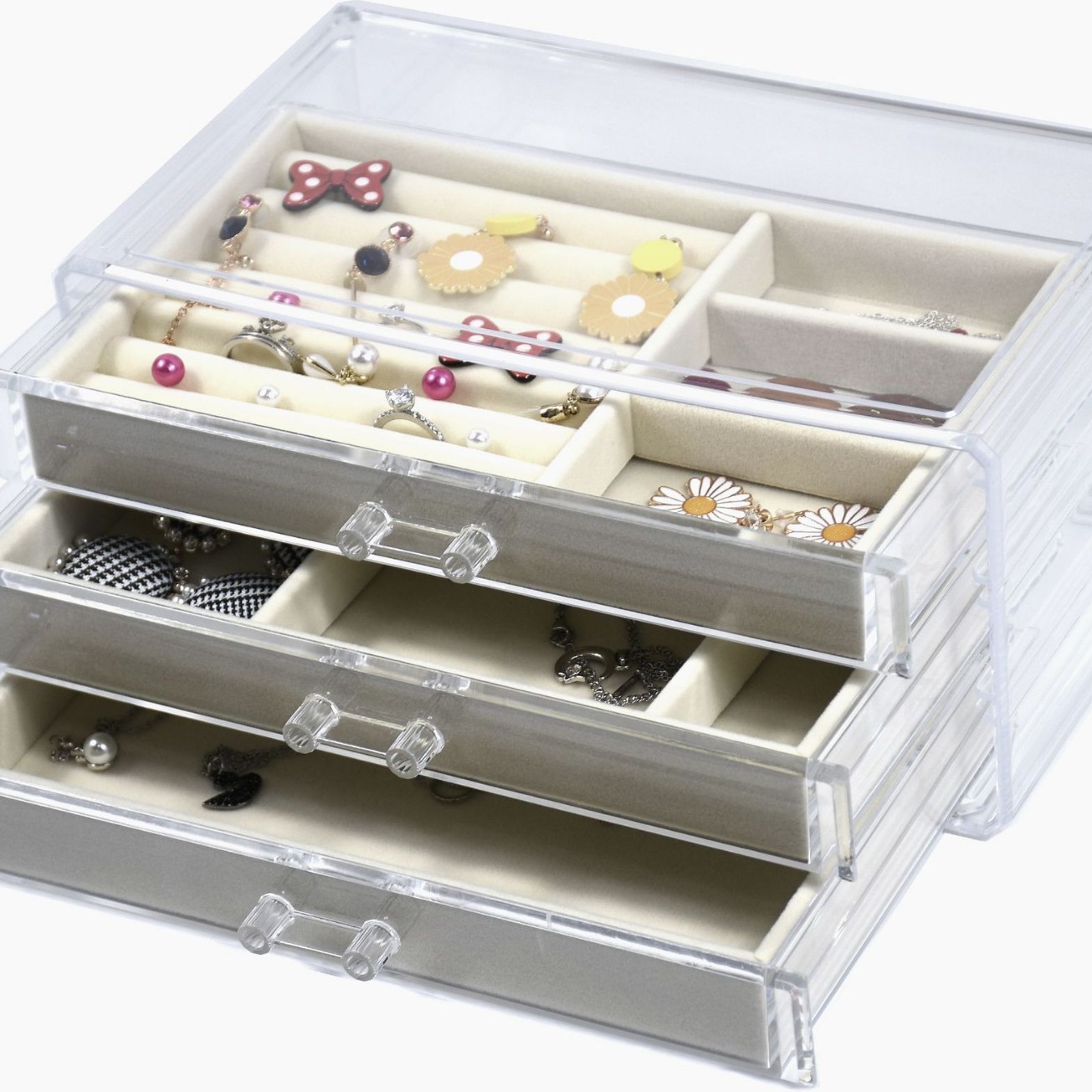 Caja de joyería de franela beige transfronteriza multi-capa de terciopelo placa anillo de acrílico collar oreja compartimiento de joyería caja de joyería de acabado