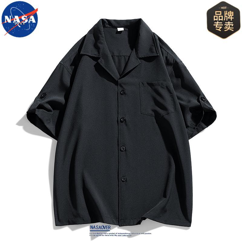 NASA Brand Cuban Collar Draped Ice Silk Short Sleeve Shirt Men's Summer Thin Cool Japanese Style Non-Ironing Shirt Jacket