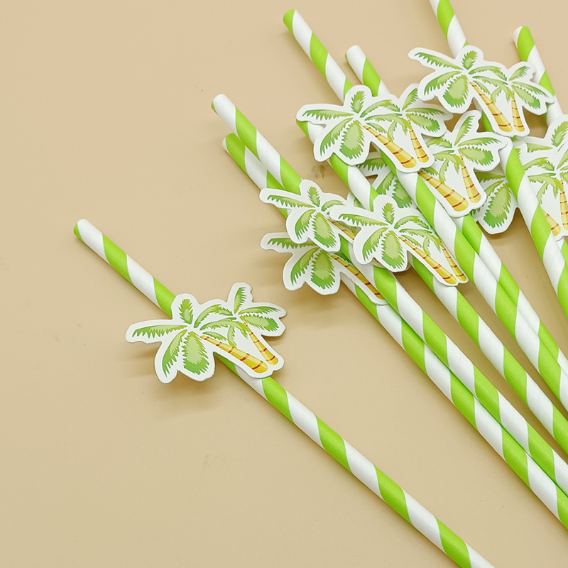 Paja de papel degradable desechable creativa hoja de paja tropical árbol de coco pastel decorativo plug-in leche té paja