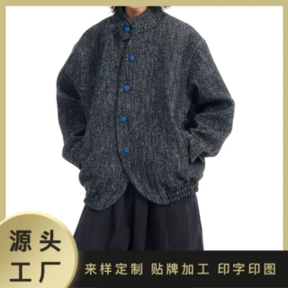 工厂定制秋冬夹克人字纹彩点羊毛呢日系复古廓形立领撞色纽扣外套