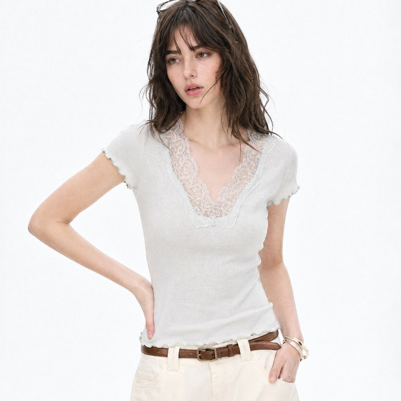 Stylish Ruffled Lace Elastic V-Neck Short-Sleeve T-Shirt for Women, Summer Slim-Fit Elegant Short Top Stylish Ruffled Lace Elastic V-Neck Short-Sleeve T-Shirt for Women, Summer Slim-Fit Elegant Short Top