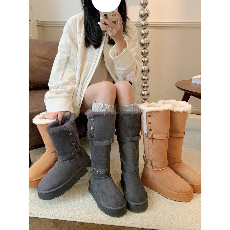 Gray women's long snow boots, 2025 winter new style, thick-soled, height-increasing, fleece-lined, thickened, warm cotton shoes for petite women