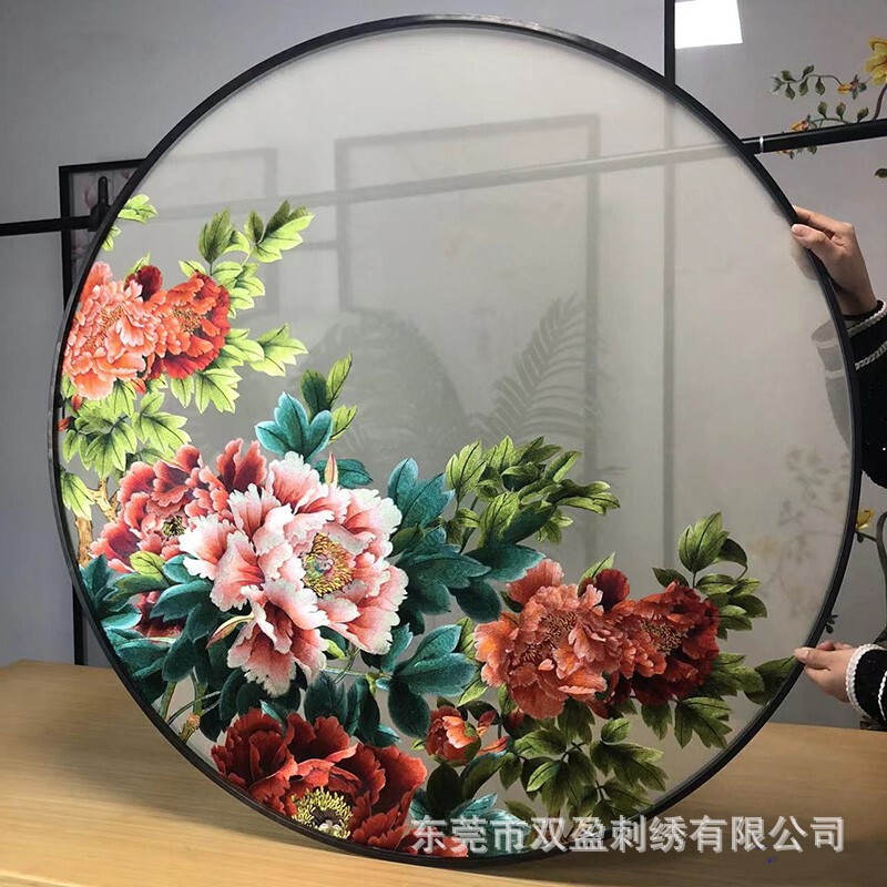 Custom embroidery Suzhou embroidery double-sided embroidery screen translucent gauze painting heart entrance partition rich flower peony