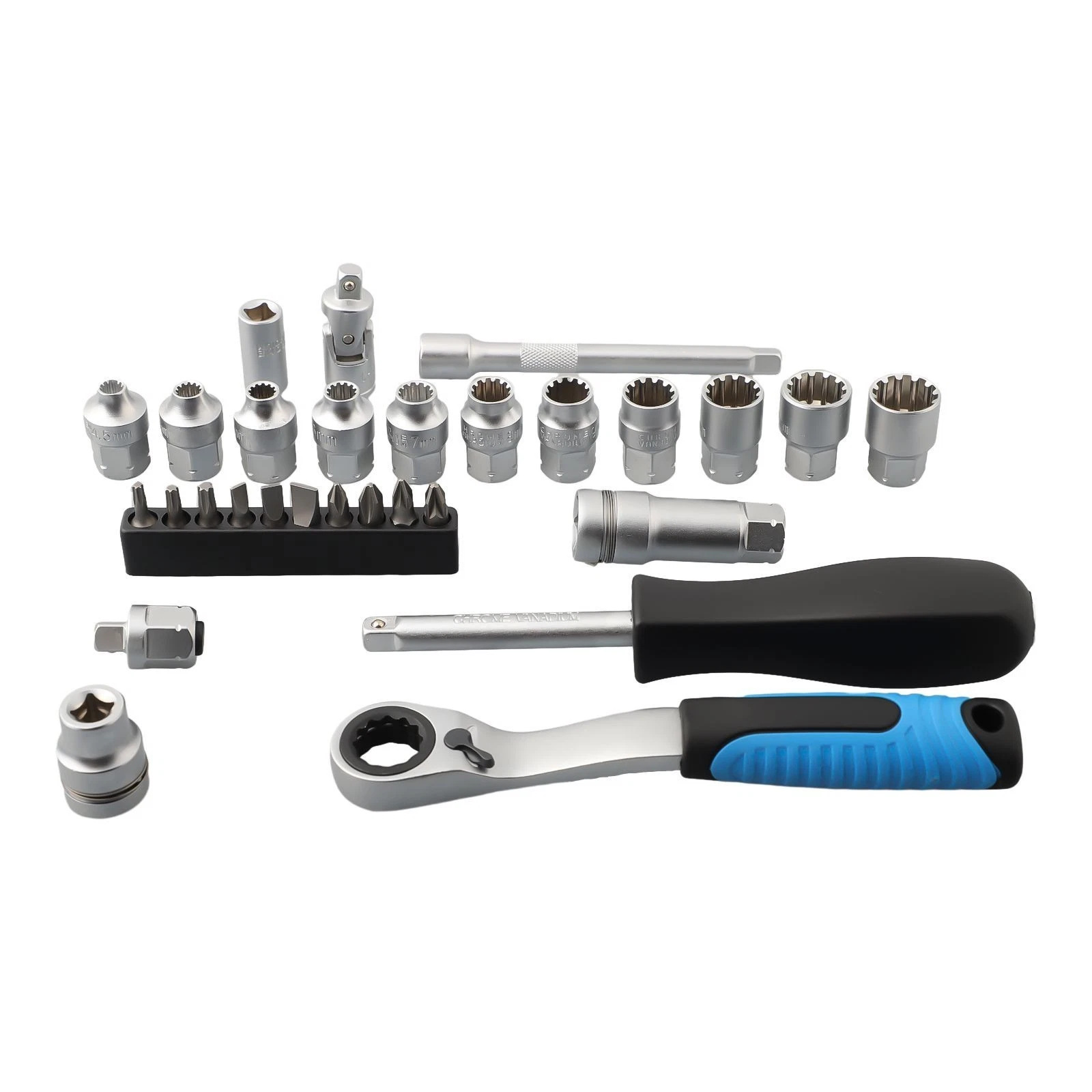 17-Piece Set of Multi-Functional Ratchet Sockets with Toothed Core Sockets, 12-Point Perforated Sockets, and Disassembly Tools