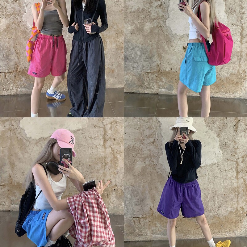 Quick-drying Casual Shorts Women's Summer American Style Retro Drawstring High Waist Wide-leg Pants Loose Straight Pants