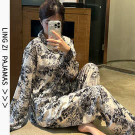 睡衣女春夏季冰丝长袖大码开衫套装可外穿秋冬高级感轻奢家居服
