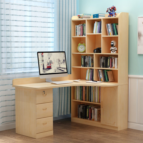 Solid wood computer desk corner desk bookshelf combination simple home children's learning desk bedroom integrated bookcase