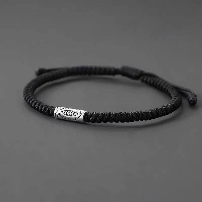 Shore Koi Vintage Men's and Women's Black Rope Bracelet Men's Minimalist Style Woven Bracelet Simple Old Small Carp Beaded