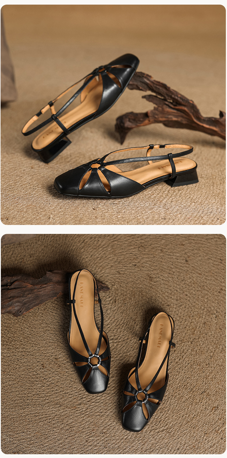 Sandal nữ quai ngang mũi nhọn phong cách vintage, gót thấp 3 cm — đen chi tiết 28