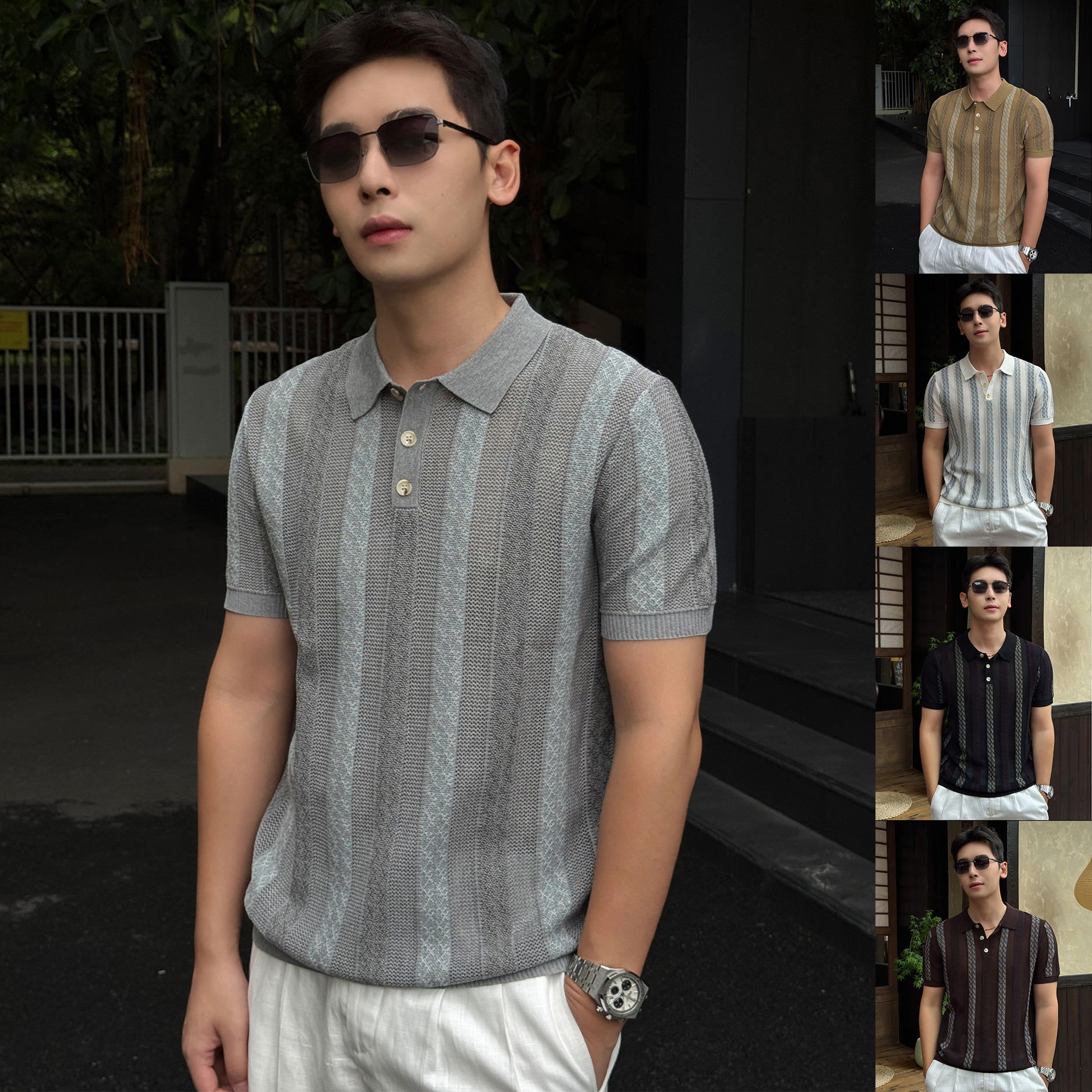 Polo camiseta de punto camiseta de manga corta camiseta de hombre solapa rayas huecas viejos vientos de alto nivel de verano fábrica transfronteriza al por mayor