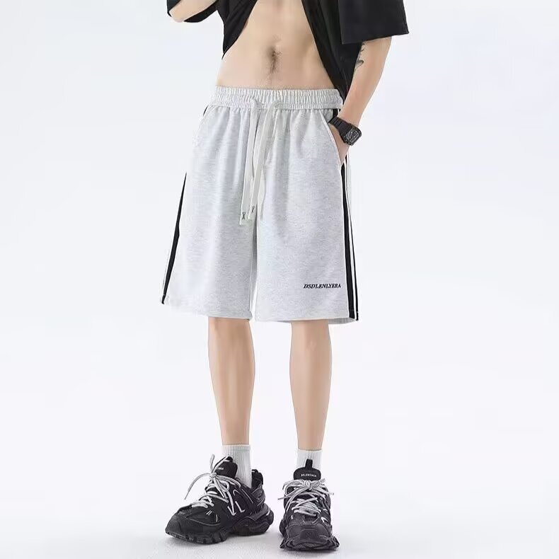 Men's casual shorts, summer style, trendy Chinese design, striped and embroidered, five-point length, high-street style, loose fit, straight-leg, athletic shorts, sweatpants Men's casual shorts, summer style, trendy Chinese design, striped and embroidered, five-point length, high-street style, loose fit, straight-leg, athletic shorts, sweatpants