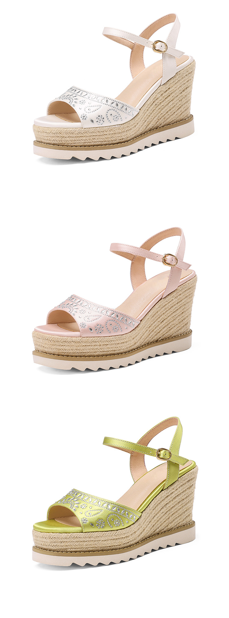 Sandal cao gót nữ quai ngang đế xuồng mũi hở phong cách boho — Xanh lá cây nhạtcolor, màu hồng, màu trắng ngà chi tiết 23