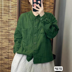 古咖服饰秋新款文艺口袋拼接立领长袖棉纱衬衫宽松休闲开衫衬衣