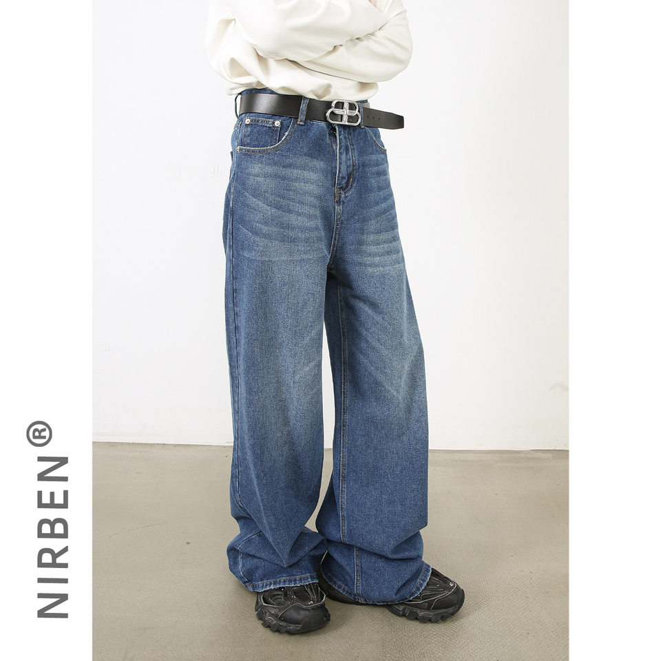 Quần jean nam ống rộng cạp vừa phong cách Hàn, denim cotton pha, form suông thoải mái — Màu đen, Xanh lam cổ điển, Xanh lam nhạt, Xanh lam đậm