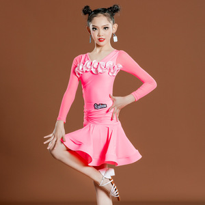 Girls pink flowers Latin Dance Dresses long sleeves Latin ballroom dance suit children practice uniforms latin salsa performance costumes kids