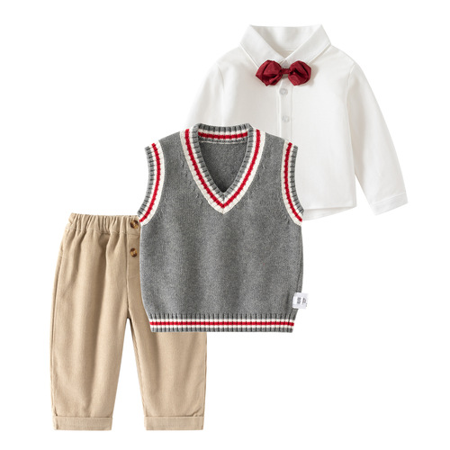 New Autumn/Winter 2024 Children's Clothing Set for Baby Boys 1-3 Years Old - Stylish Casual Long-Sleeve T-shirt + Undershirt + Casual Pants Tri-Set