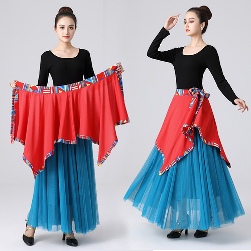 Fengti square dance clothing new three-piece suit drawstring top hidden dance waist apron mesh 720c degree long skirt
