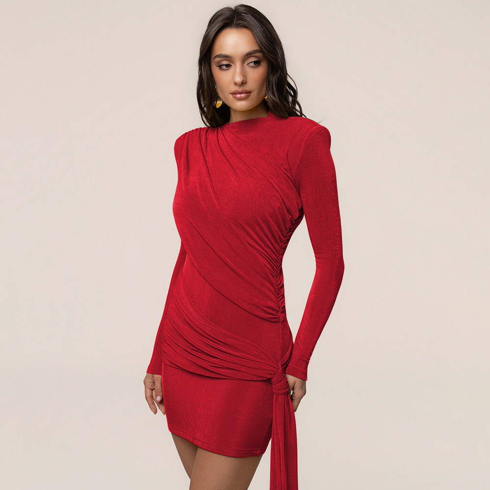 Europa y los Estados Unidos de comercio exterior ropa de mujer otoño 2026 nuevo temperamento de moda manga larga plegado sexy delgado vestido de cadera para mujeres