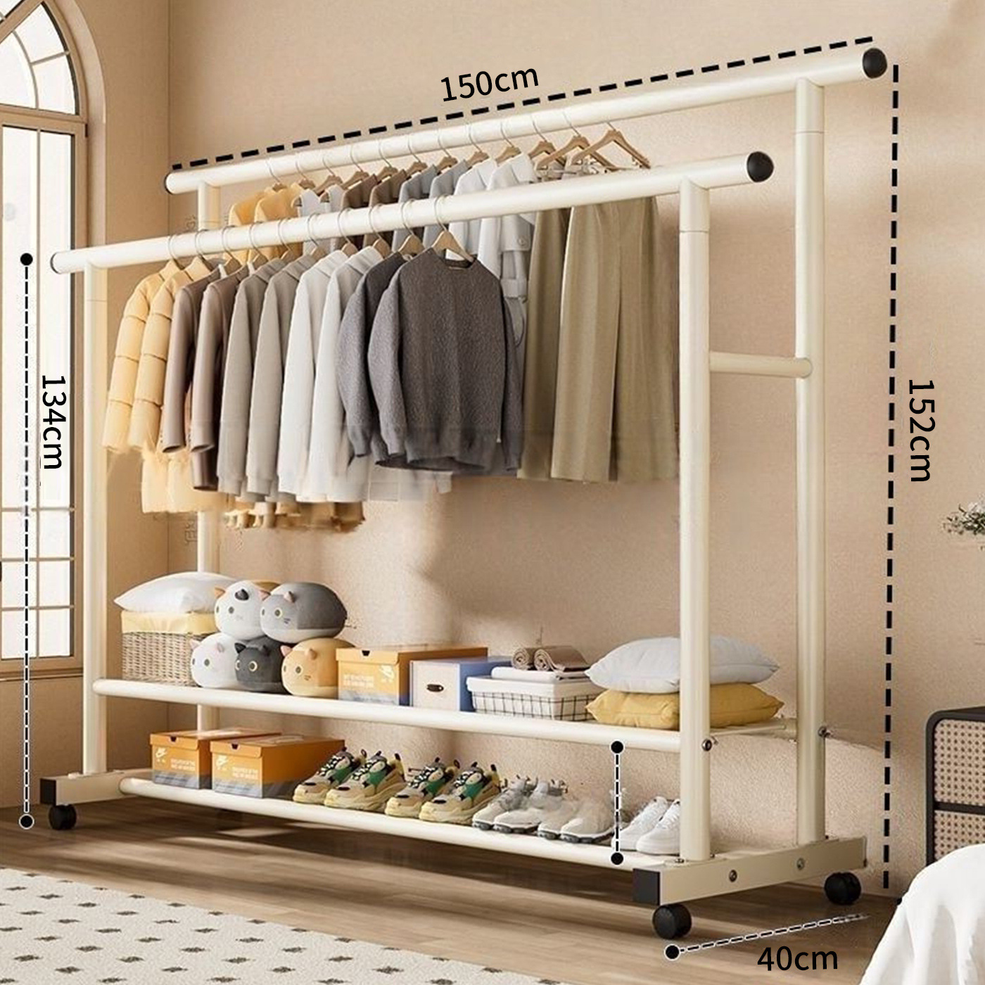 [모든 금속이 두꺼워지고 두꺼워졌습니다] 길이 150cm 이중 극 이중층 - 흰색 + 바퀴