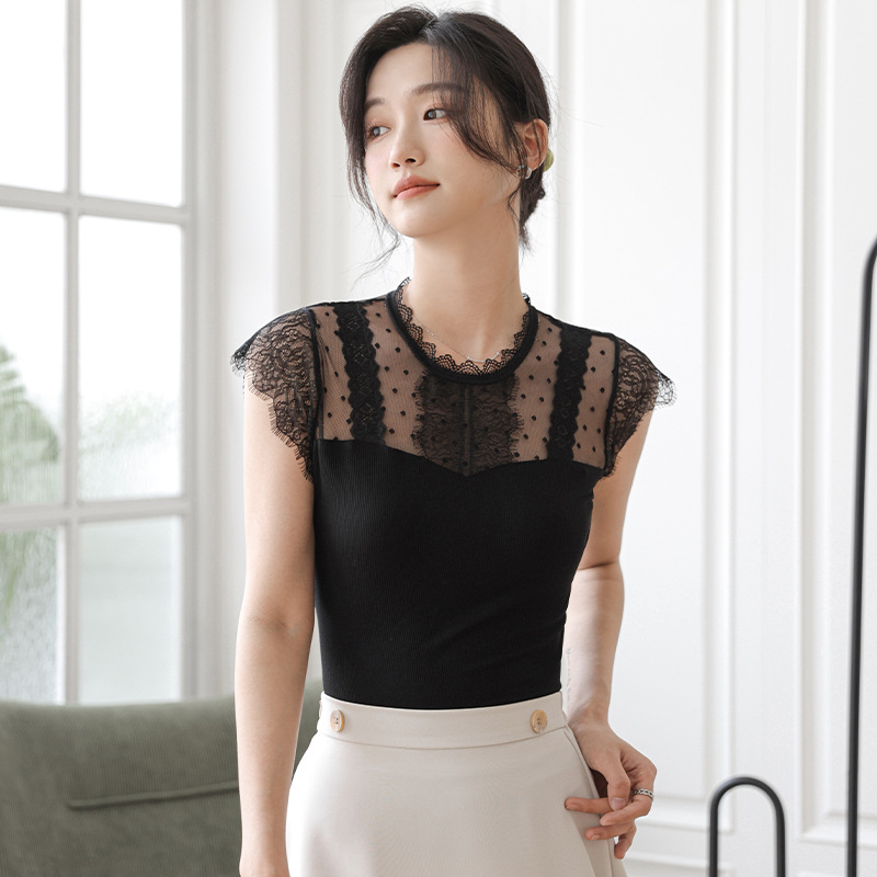 宁欣意蕾丝拼接无袖上衣女夏修身显瘦气质镂空短款T恤打底衫