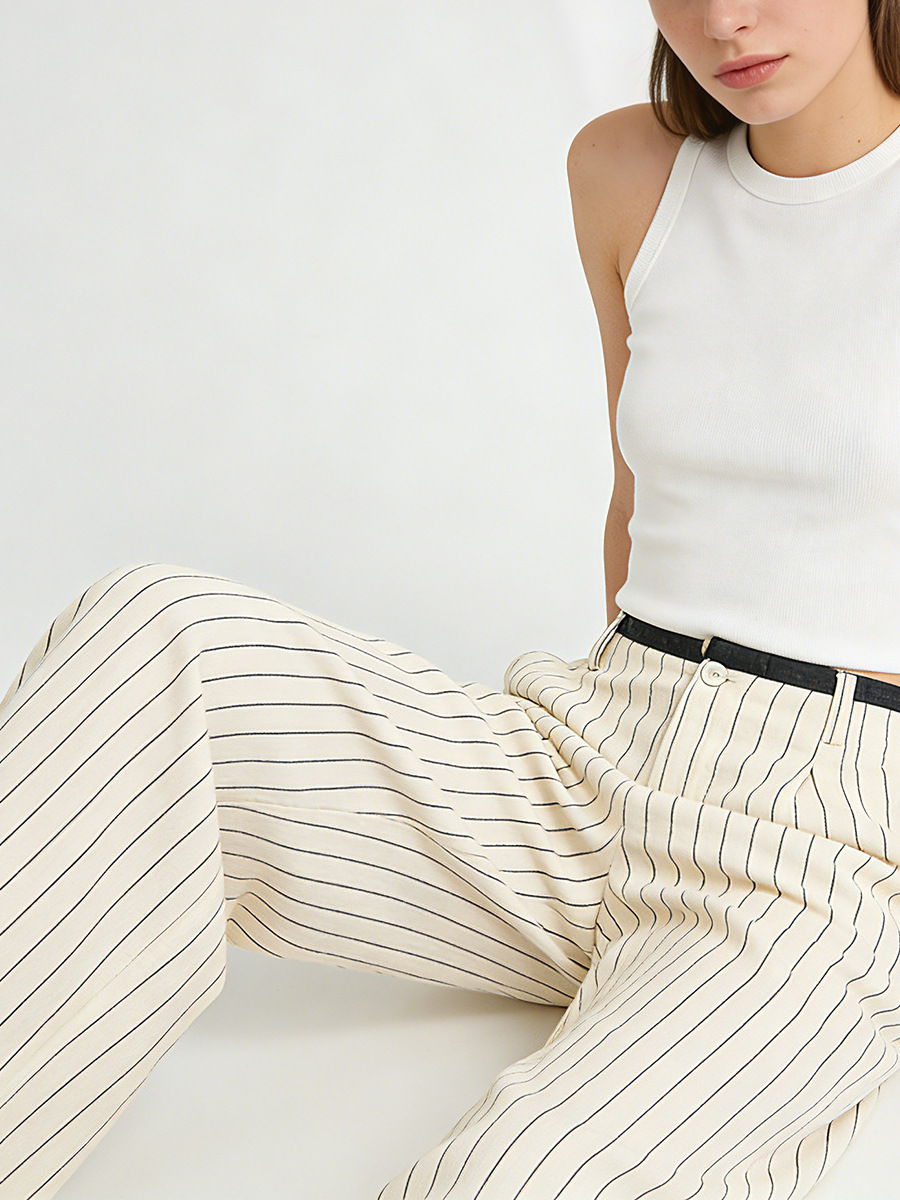 Quần culottes nữ ống rộng vải lanh sọc dọc, cạp cao phối màu, dáng suông thoáng mát — Vải gai sọc