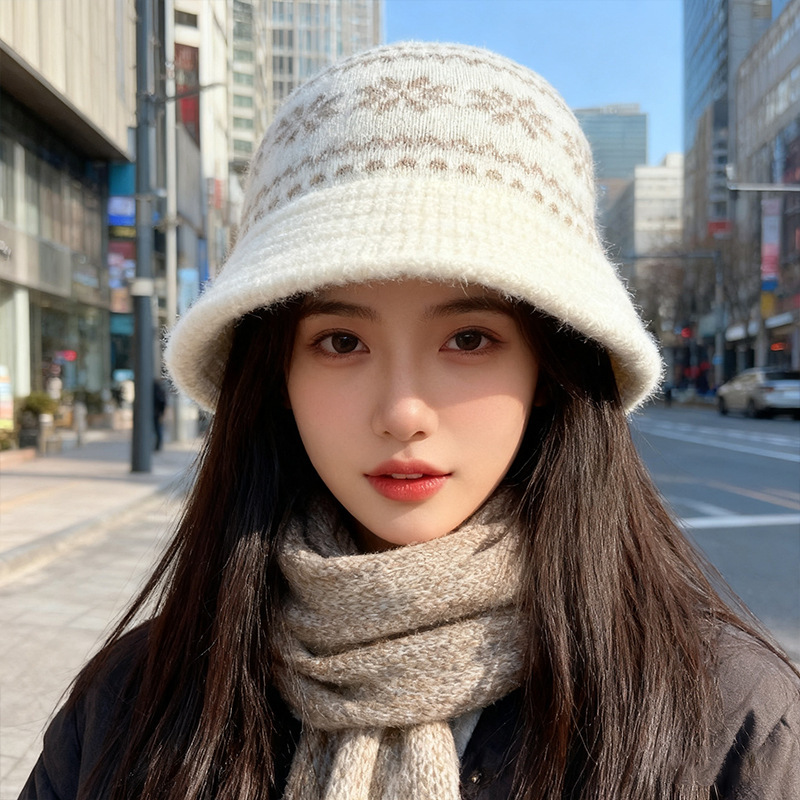 秋冬日系复古渔夫帽子女雪花针织盆帽加厚保暖百搭显脸小毛线帽潮|undefined
