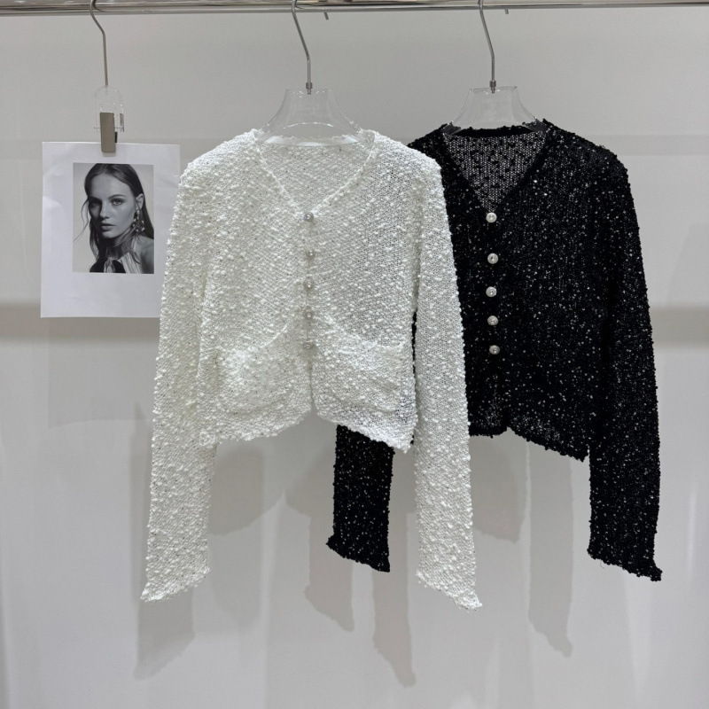 25 Years Early Autumn New Style Xiangjia Pocket Sequin Diamond Button Knitted Long-Sleeve Single-Breasted Cardigan Loose Versatile Women's Top