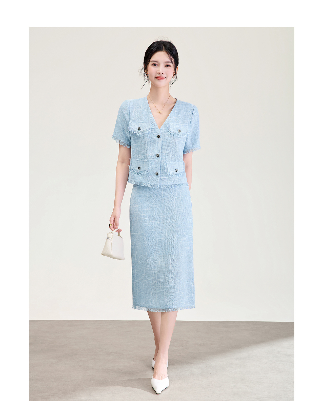 Bộ hai mảnh áo tay ngắn kiểu Chanel + chân váy midi cao cấp nữ mùa hè — xanh lam chi tiết 12
