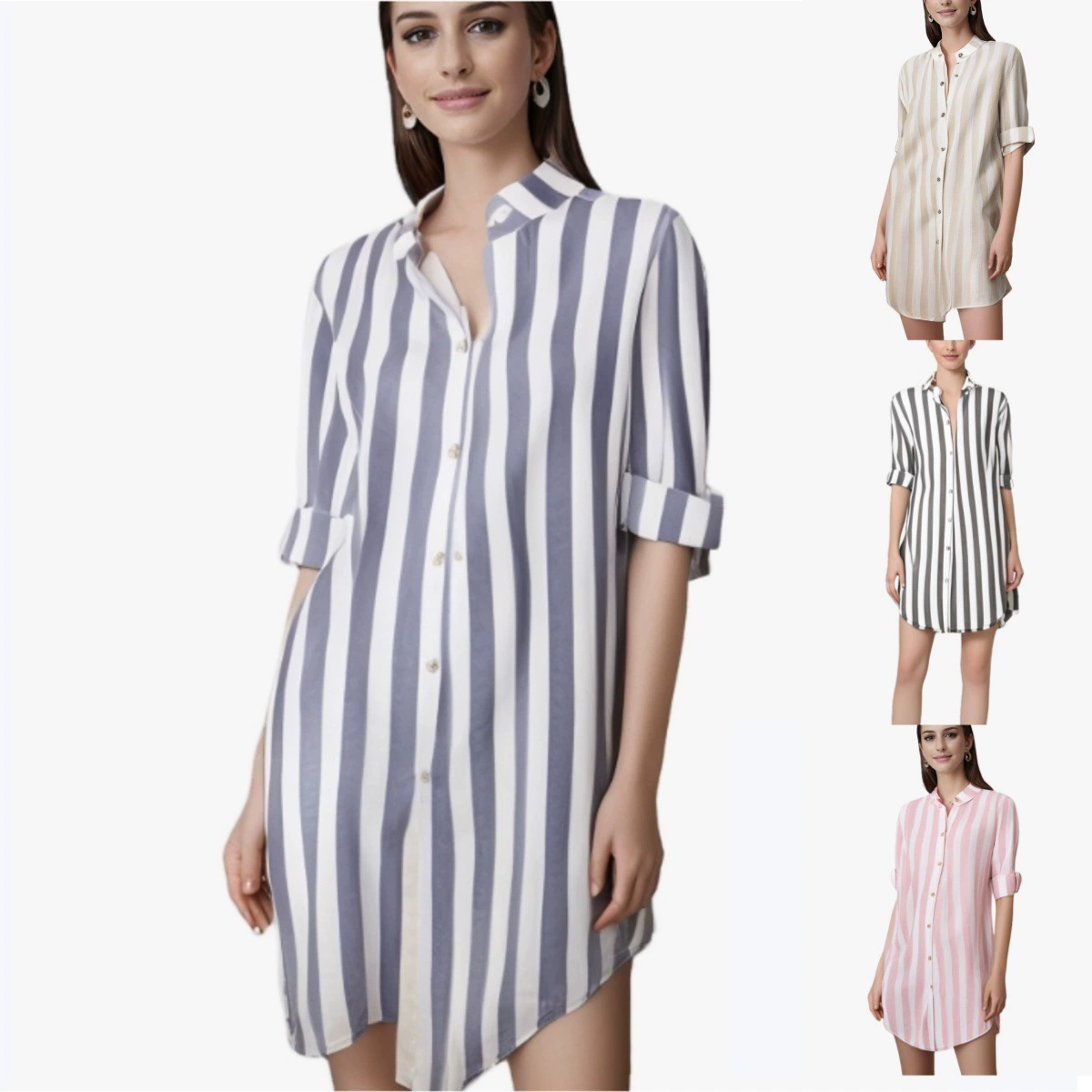 Qi Color AliExpress Amazon в полоску с длинными рукавами, женская рубашка средней и длинной одежды, повседневная хлопковая рубашка большого размера