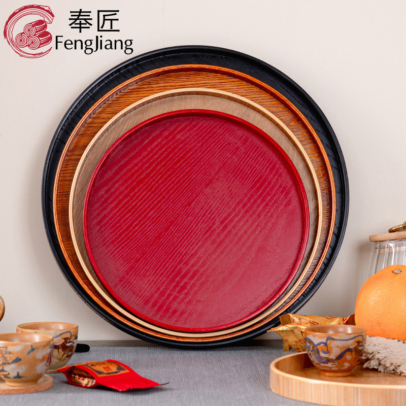 Factory Wholesale Creative Wooden Tray Household Round Red Plate Hotel Dessert Tray Tea Set Cup Tray