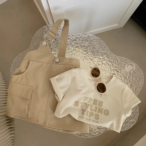 Cream Spring Style Mother and Daughter Set, Summer Street Style Parent-Child Outfit, Girl's Letter T-shirt with Overalls