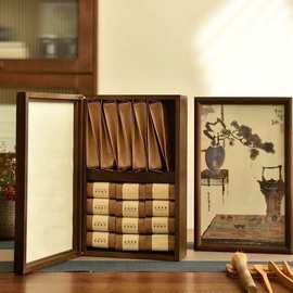 国风小罐茶叶包装盒木质书法字画茶礼品盒中式大红袍岩茶空盒摆件