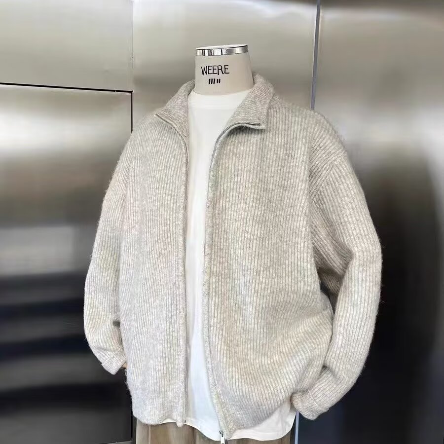 24 primavera y otoño estilo americano retro cuello de punto cardigan chaqueta hombre japonés relajado pareja alta sensación suéter