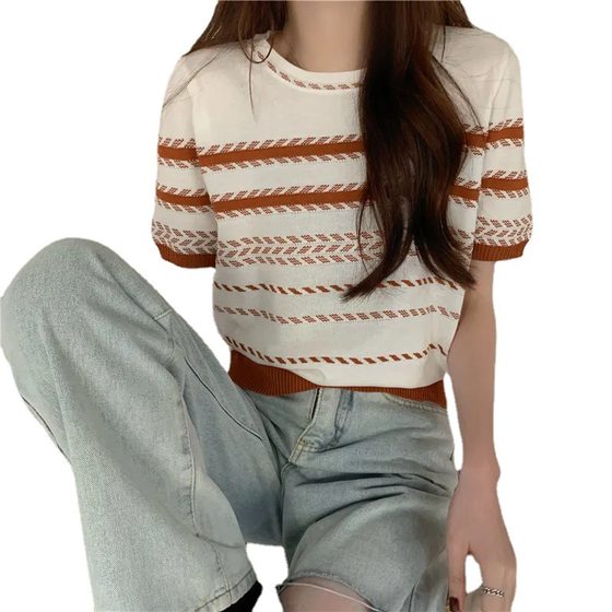 Hong Kong Style Retro chic Striped Shoulder Short-sleeved T-shirt Women's Summer Thin Retro Slimming Ice Silk Sweater Top