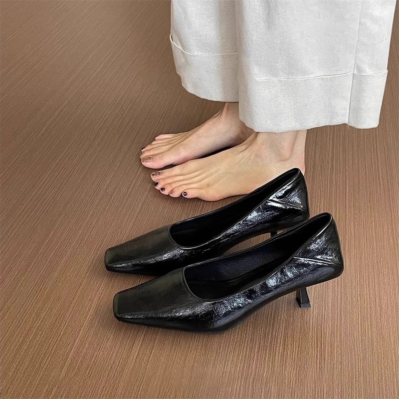 シープスキンバージョン~レトロスクエアトゥキャットヒールハイヒールレディース秋ツーウェアヒール浅い口スティレットヒールメリージェーンシューズ|undefined
