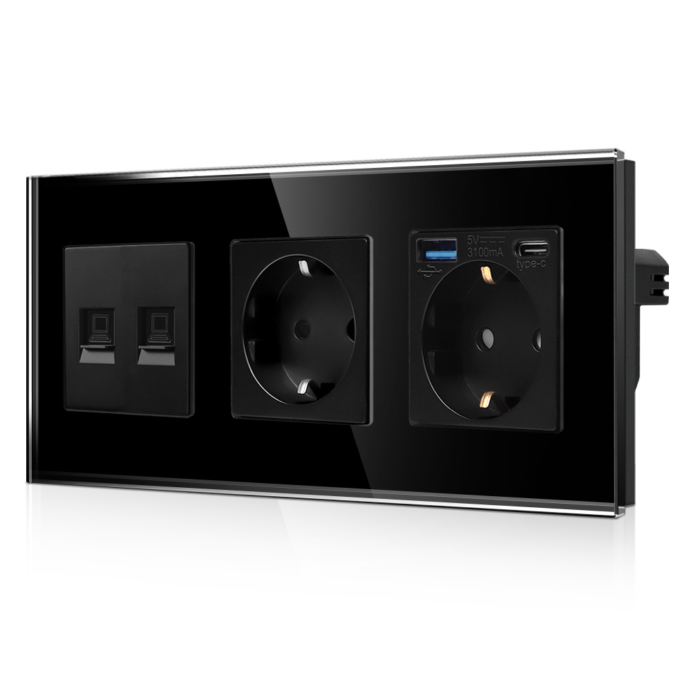黑色两联USB/Type-C德插带两个CAT6功能欧式插座德式插座带接地俄