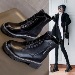 2023冬季新款真皮8厘米內增高短靴防水坡跟英倫風馬丁靴女棉鞋