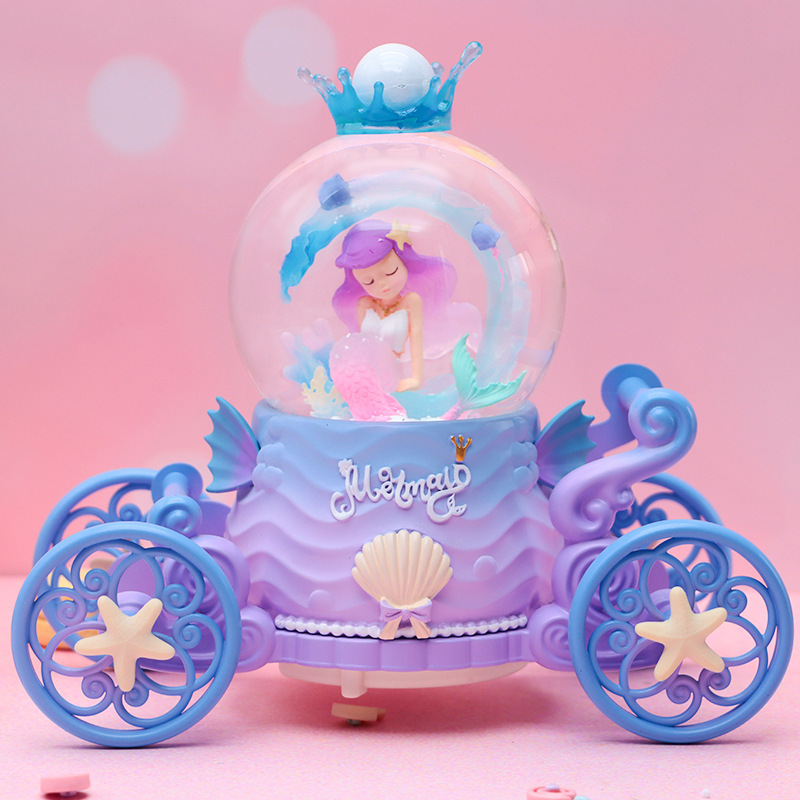 Dream Mermaid Pumpkin Carriage Crystal Ball Glowing Snow Mermaid Princess Music Box Birthday Gift for Girls