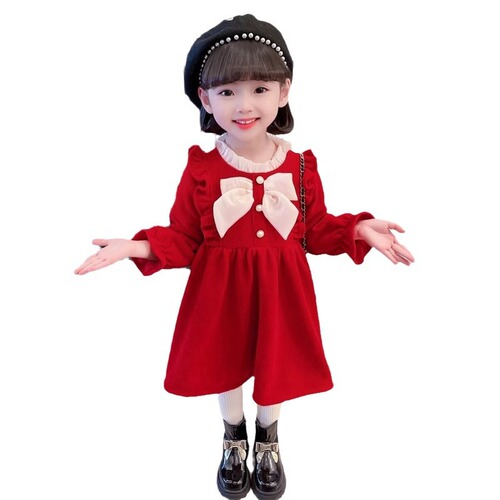 New Sweet Butterfly Bow Fashion Dress for Autumn/Winter, Small Children, Stylish Medium Length Skirt Option