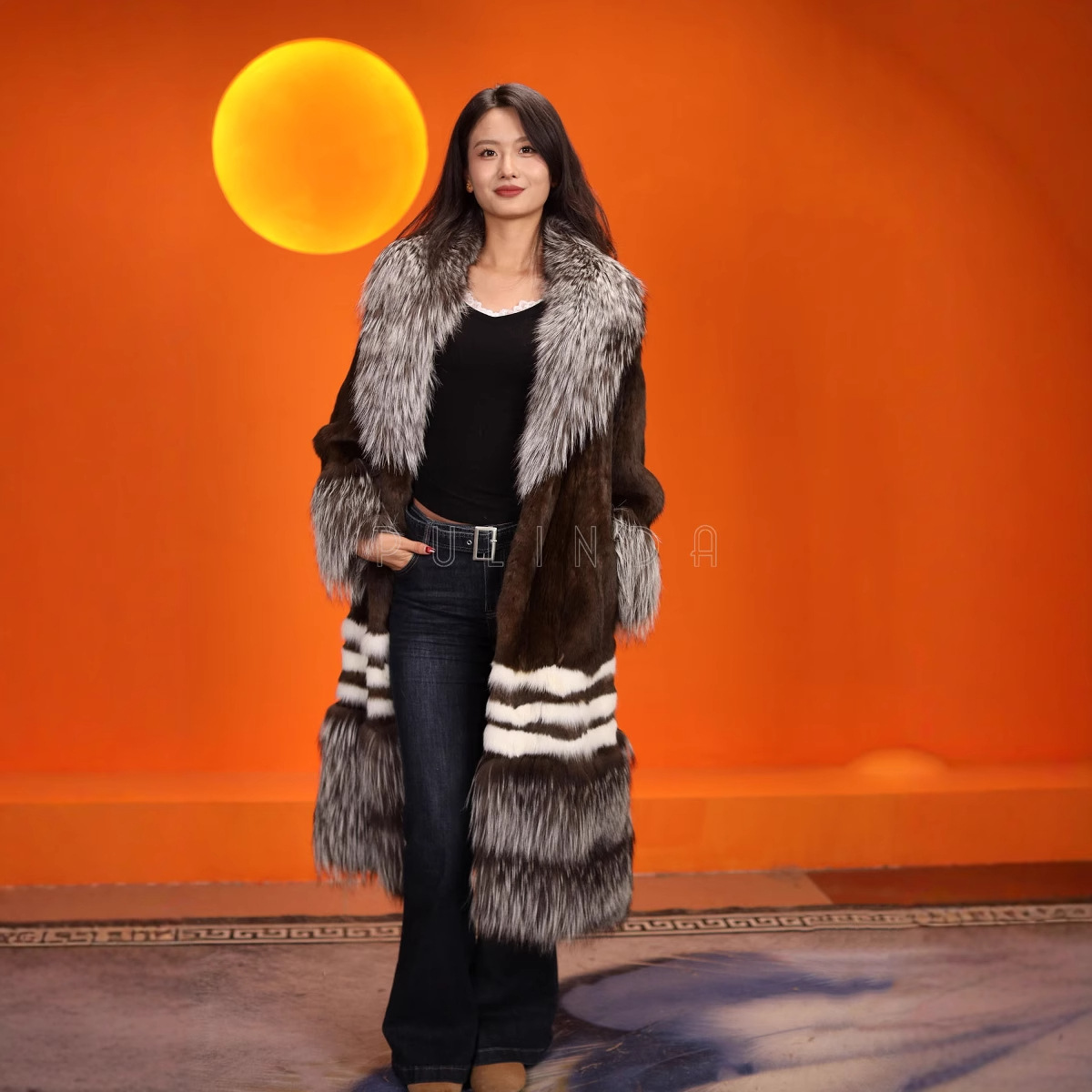 新款进口银狐大衣女款棕貂时尚大衣