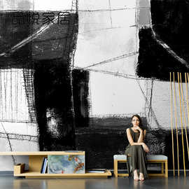 北欧创意抽象黑白涂鸦艺术壁纸个性客厅电视背景墙纸卧室无缝墙布
