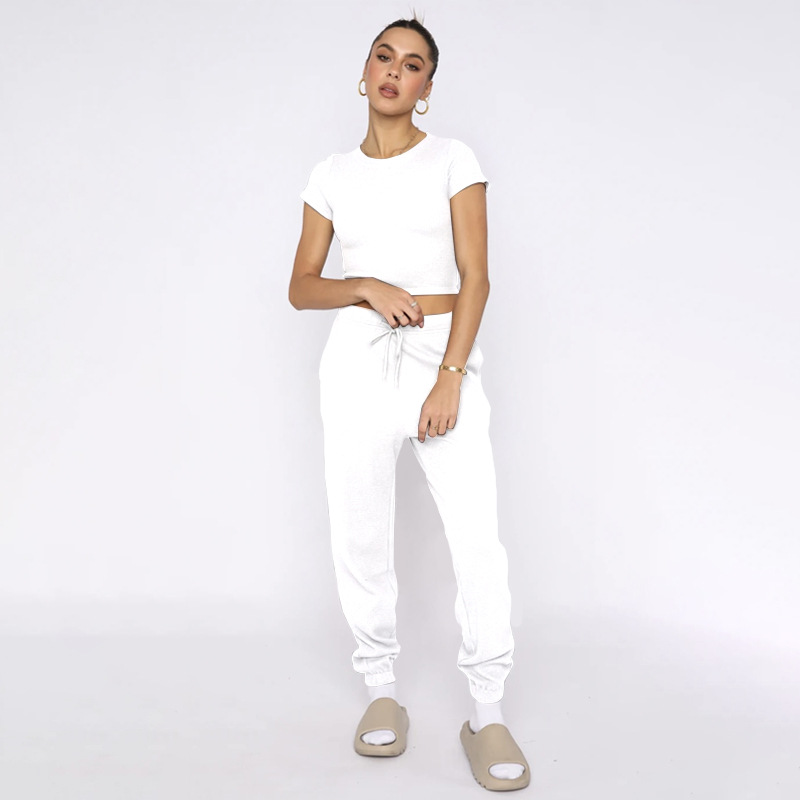 Spring Summer Solid Color Waffle round Neck Short Sleeve Women Clothing Casual Trousers Sets 47 Spring Summer Solid Color Waffle round Neck Short Sleeve Women Clothing Casual Trousers Sets