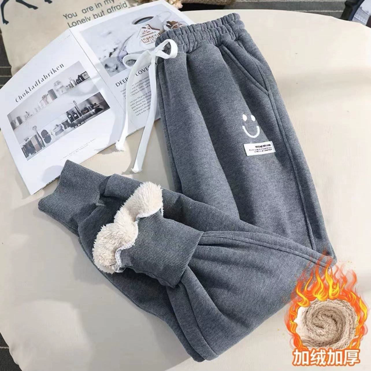 Sports winter velvet keep warm trousers for leisure, 2023 collection, oversize