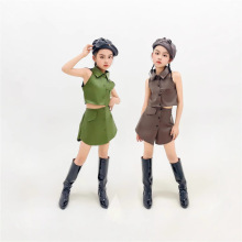 绿色朋克皮套装棕色少女儿童走秀7T台打歌服PK秀赛服PU9衬衫领潮8
