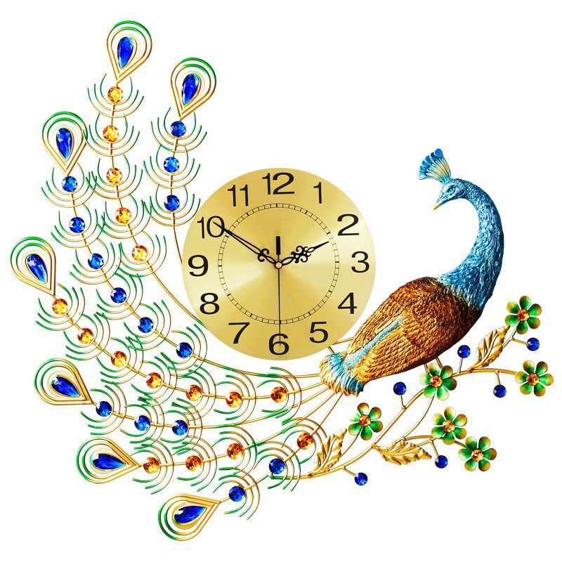 Reloj de pared de pavo real elegante de hierro forjado, diseño creativo de moda silenciosa, reloj de comercio exterior/Amazon