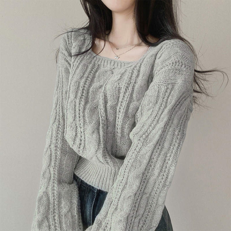 麻花短款毛衣女2025韩版秋冬新款慵懒风纯色灯笼袖方领套头针织衫|undefined