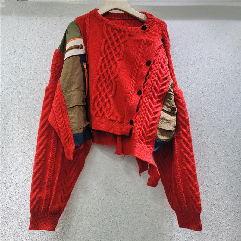 Nicho sensación de diseño irregular color contrastante empalme suéter de punto retro multi-botón chaqueta otoño invierno nuevo